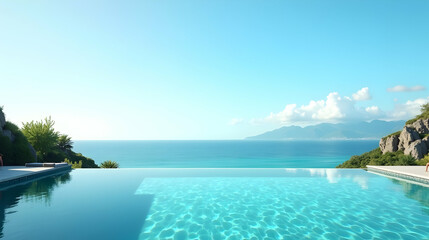 Fototapeta premium Serene infinity pool overlooking a breathtaking ocean vista, majestic mountains under a clear sky. Pure tranquility.