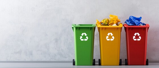 Three recycling bins in green, yellow, and red, filled with various recyclable materials against a gray background.