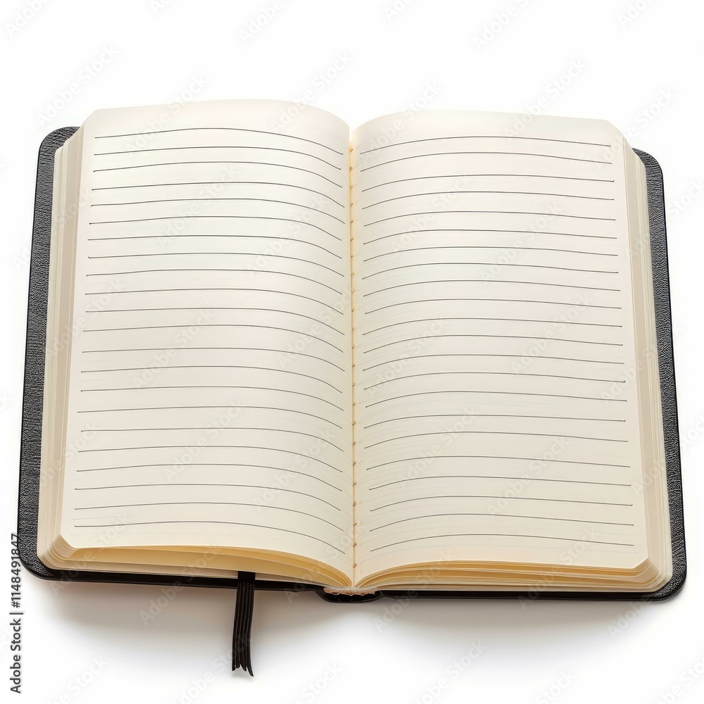 Poster open notebook showing blank pages with bookmark ribbon on white background