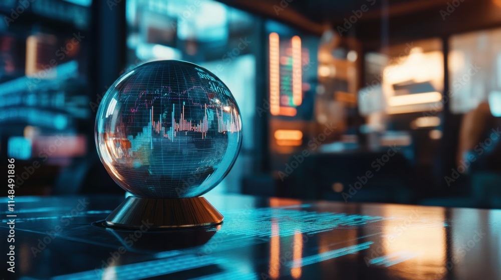 Poster modern business workspace with globe and financial data insights