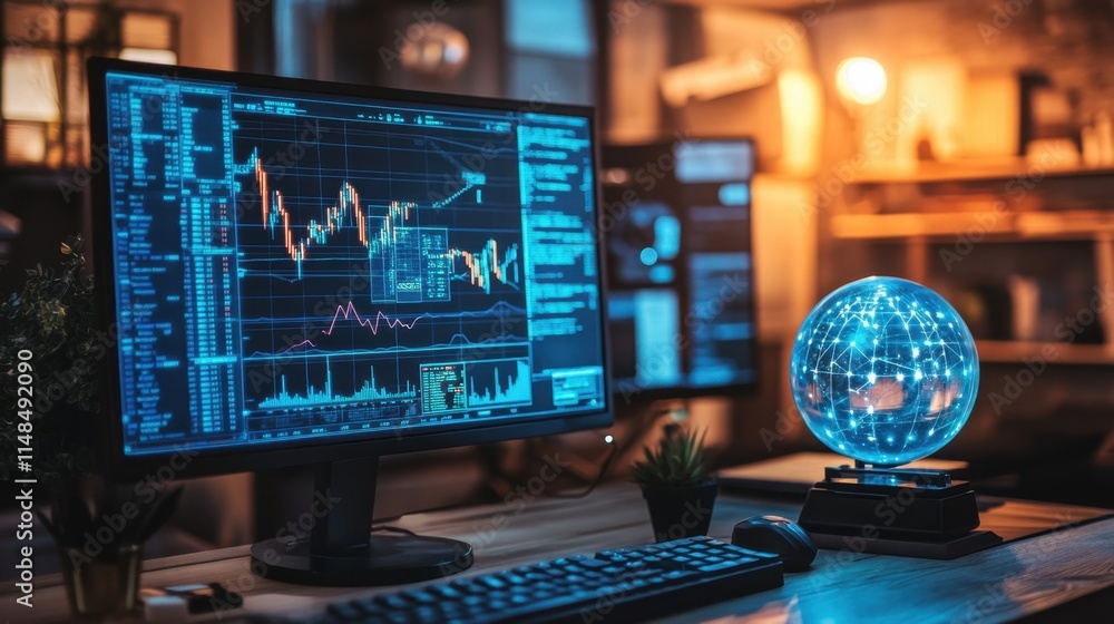 Poster high-tech monitor displaying stock market data and global insights