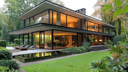 Fototapeta premium A sleek modern house with large glass windows and a minimalist design, surrounded by greenery,