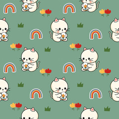 Baby cat cartoon so cute. On rainbow flower star grass green background. Pattern seamless vector illustration. 