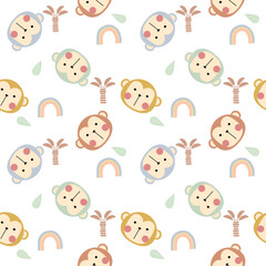Face monkey cartoon so cute. On tree leaf rainbow white background. Pattern seamless vector illustration. 
