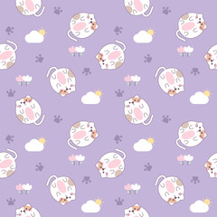 Fat cat cartoon so cute. On paw cloud sun flower purple background. Pattern seamless vector illustration. 
