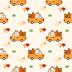 Rabbit drive truck carrot cartoon so cute. On grass flower cloud sun background. Pattern seamless vector illustration. 
