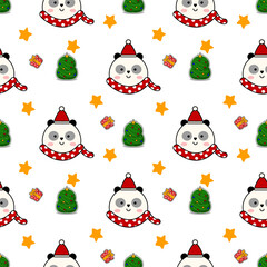 Face panda cartoon so cute. On tree stat gift white background. Merry Christmas. Pattern seamless vector illustration. 