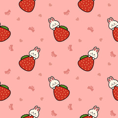 Strawberry and rabbit cartoon so cute. On knot heart pink background. Pattern seamless vector illustration. 
