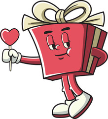 Cute Gift Box Valentine's Day Character in Retro Cartoon Vector Illustration