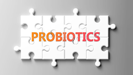 Probiotics complex like a puzzle - pictured as word probiotics on a puzzle pieces to show that probiotics is complex and needs cooperating pieces that fit together. ,3d illustration