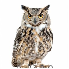 Obraz premium Great horned owl standing on white background, looking forward