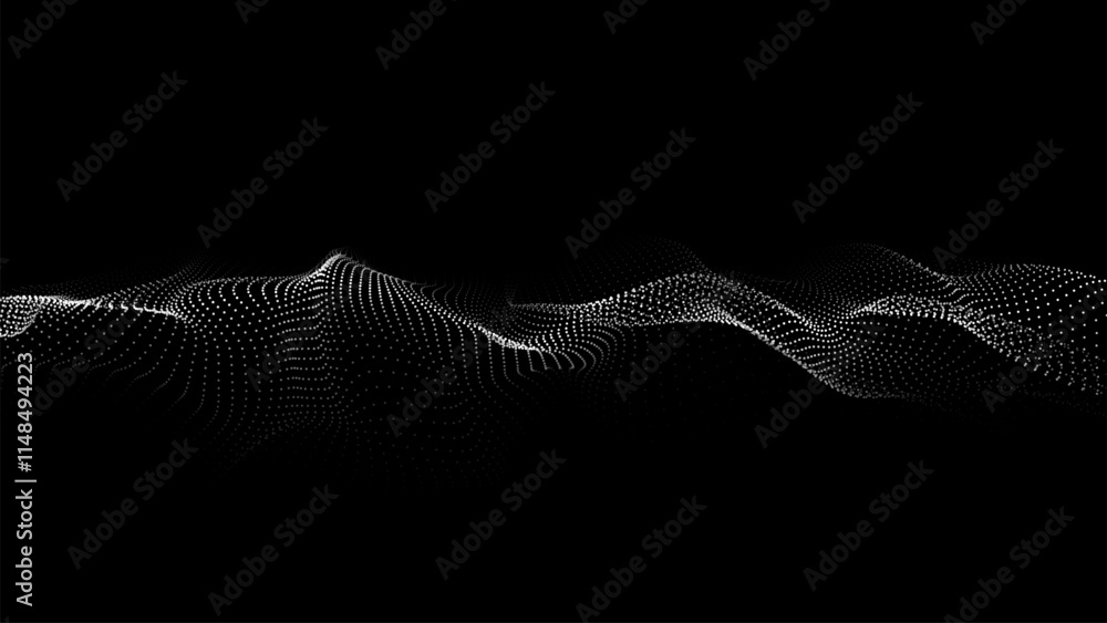 Poster futuristic wave of moving particles in dark space. modern big data technologies. vector illustration