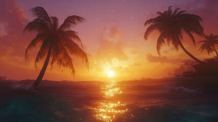 Obraz premium Tropical Sunset Ocean Scene With Palm Trees