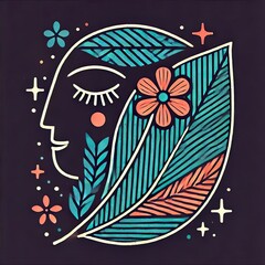 A stylized portrait of a leaf and flower. Perfect for logo, poster, avatar, t-shirt design. Colorful cute screen printing effect. Riso print effect.