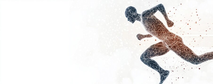Abstract illustration of athlete running. Dynamic tech illustration shows athlete biomechanics in motion. Wearable tech monitoring concept. Real time analysis visualizes data. Sports performance