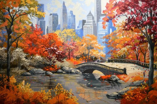 Gapstow bridge in central park during peak fall foliage reflecting on the pond