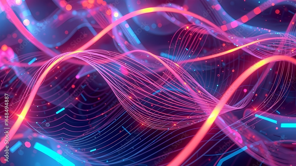 Poster glowing abstract fractal wave design with blue light and dynamic motion