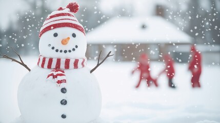 Fototapeta premium Cheerful snowman enjoys snowy winter scene. Children play outdoors in red coats. Festive, fun winter wonderland. Snowflakes fall gently. Snowy landscape with cozy house in background. Festive winter