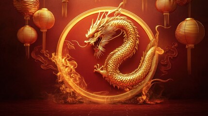 Obraz premium Golden dragon curling around a glowing circle for photo framing, with hanging Chinese lanterns providing soft light on a red canvas.
