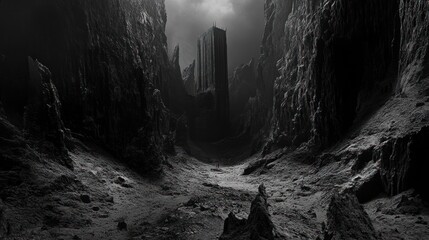 Monochromatic Fortress: A Dark Fantasy Landscape