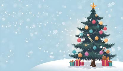 New Year Card: Winter Landscape with Decorated Christmas Tree in Snowy Field,Beautiful Christmas tree with gift boxes on snow,Christmas themed poster, space for text.isolated empty christmas