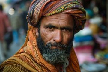 Portrait of a bearded afghan man wearing traditional turban and clothing