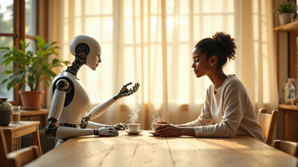 Obraz premium A human and a robot share a coffee and engage in a thoughtful conversation.