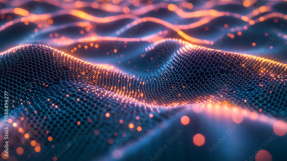 Poster dynamic pattern of glowing lines and shapes in a digital landscape at night