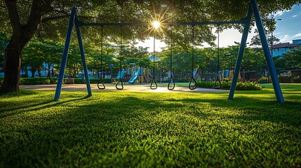 Fototapeta premium Empty swings at a playground bathed in sunlight