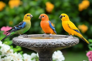 Obraz premium A birdbath in the center of a garden, with colorful birds perched on its edges and flowers blooming all around