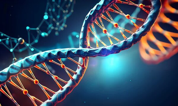 Colored 3D illustration of the DNA double helix structure. The genetic code at the molecular level.