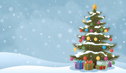 Obraz premium New Year Card: Winter Landscape with Decorated Christmas Tree in Snowy Field,Beautiful Christmas tree with gift boxes on snow,Christmas themed poster, space for text.isolated empty christmas