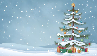 Obraz premium New Year Card: Winter Landscape with Decorated Christmas Tree in Snowy Field,Beautiful Christmas tree with gift boxes on snow,Christmas themed poster, space for text.isolated empty christmas
