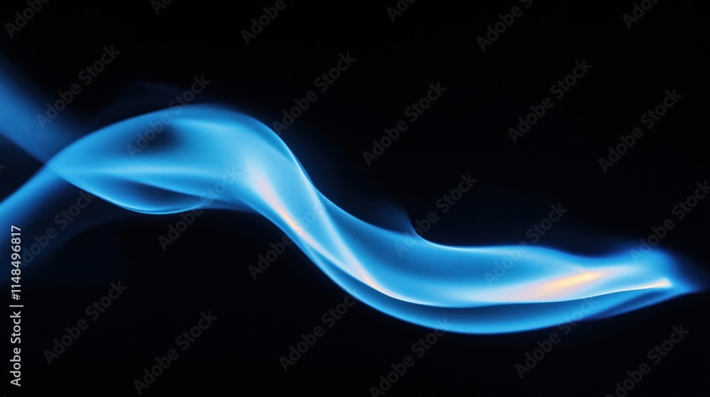Poster vivid blue flame flows in dynamic curve against dark background. intricate details highlight soft cu
