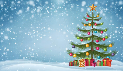 Obraz premium New Year Card: Winter Landscape with Decorated Christmas Tree in Snowy Field,Beautiful Christmas tree with gift boxes on snow,Christmas themed poster, space for text.isolated empty christmas