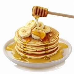 Honey dripping on a stack of pancakes with sliced banana