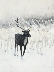 A striking black reindeer stands out among a serene herd of white reindeer in a wintry landscape.