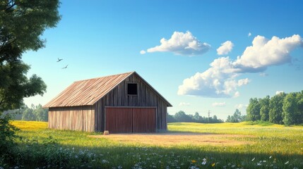Obraz premium Rustic wooden barn in sunny field with wildflowers.