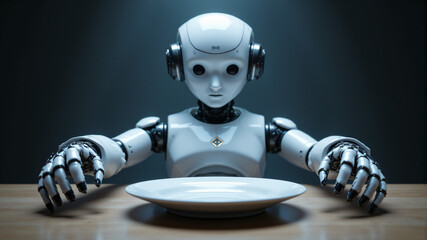 Naklejka premium A futuristic robot sits at a table, gazing at an empty plate, ready to serve.