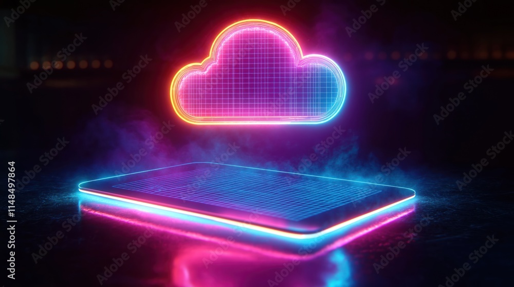 Poster neon cloud symbol floats over glowing tablet. futuristic tech interface with vibrant colors. digital
