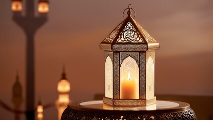 Islamic lantern yellow candle with night background and Night Ramadhan