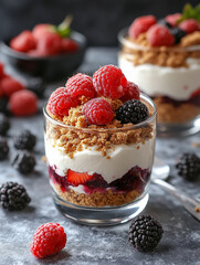 Delicious layered dessert with berries and cream