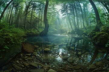 Obraz premium Magical forest reflecting in a clear water stream with sun rays and fog