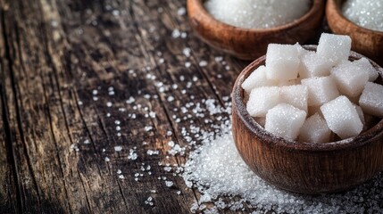 Sugar Cubes and Granulated Sugar on Rustic Wooden Table