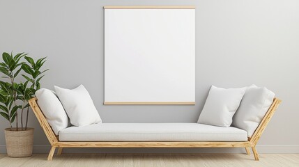 Concept mockup of an empty poster on office wall for corporate branding. Cozy minimalist lounge with a blank canvas for artwork above