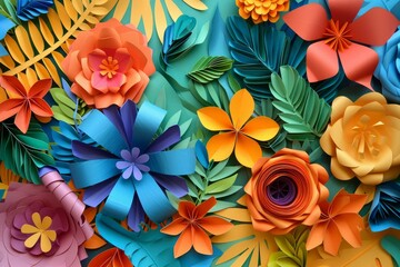 Obraz premium Colorful paper flowers and tropical leaves creating vibrant backdrop