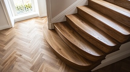 Elegant wooden staircase with herringbone flooring and natural light in a modern home