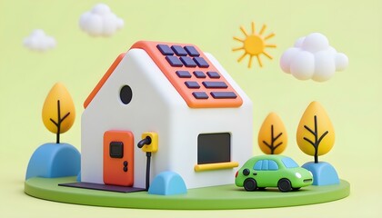 Fototapeta premium Home electricity scheme with battery energy storage system on modern house photovoltaic solar panels and rechargeable li-ion backup. Electric car charging on renewable smart power off-grid system.