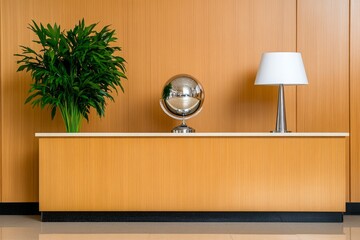 A corporate promotional scene with a polished, mirrored globe placed prominently on a modern reception desk