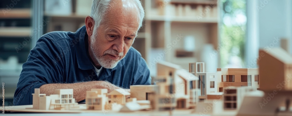 Poster senior architect showcasing innovative architectural design model in conceptual office setting